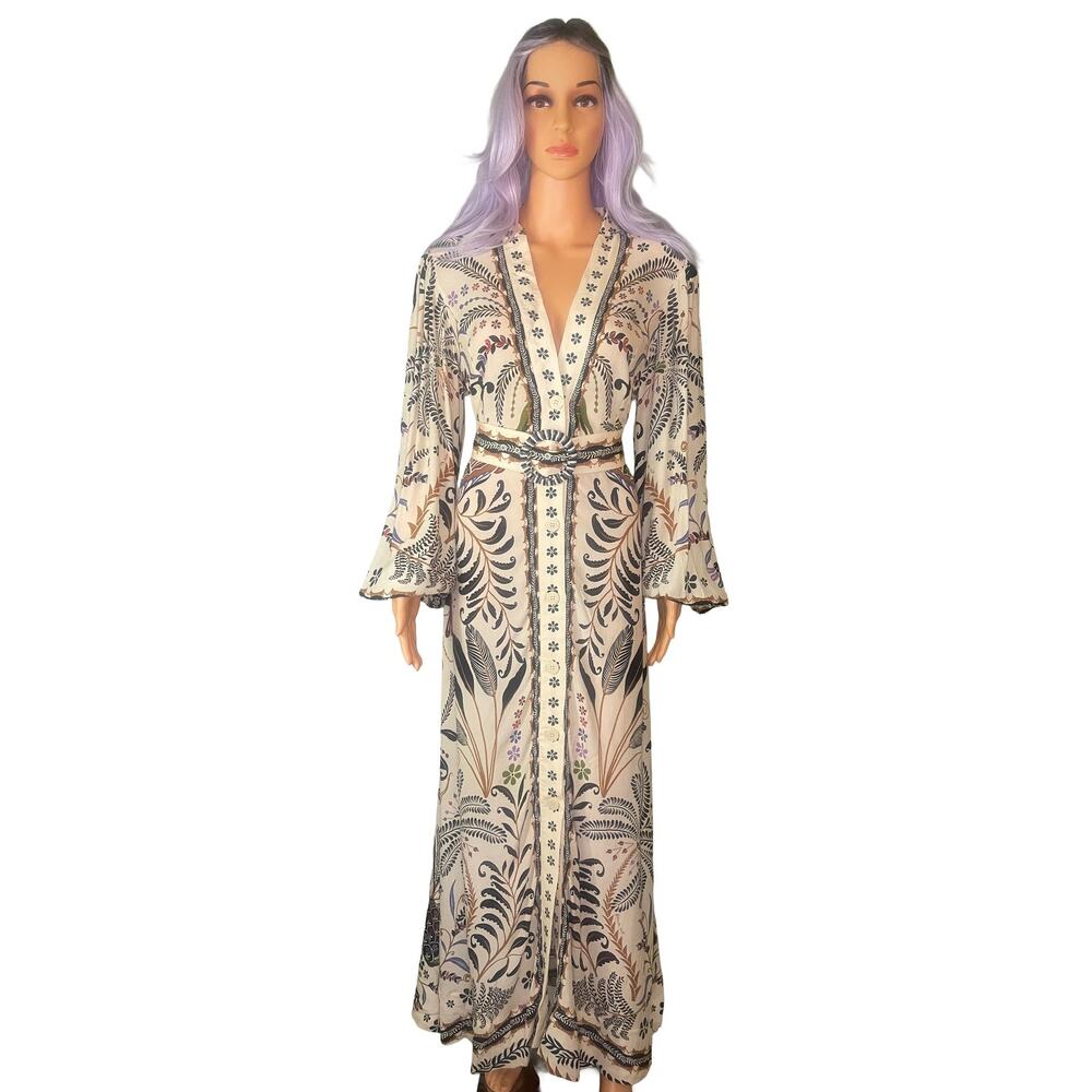 Farm Rio Cream Botanical Print Maxi Dress Belted Long Sleeve Size M